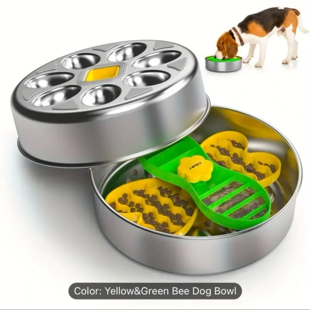 Stainless Steel Slow Feeder Dog Bowl with Bee Design, Non-Slip Silicone Base
